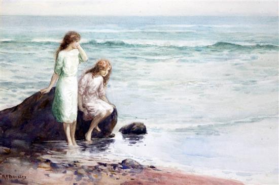 H P Barsley Girls by the shore, watercolour 23 x 34cm